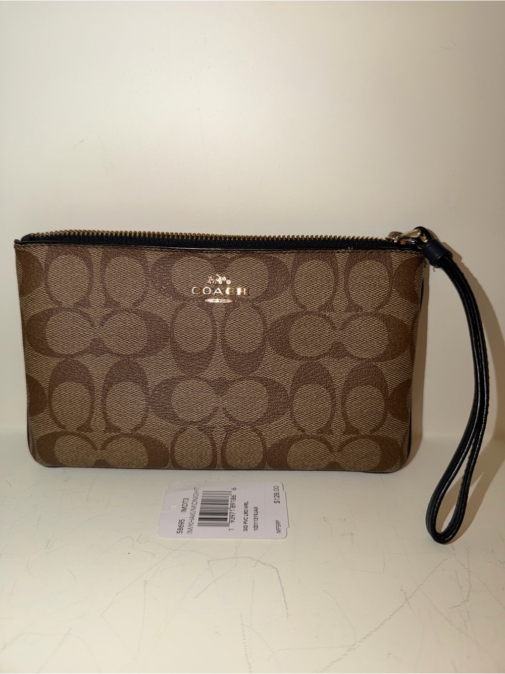Coach Brown Signature Canvas Wristlet with Black Strap
